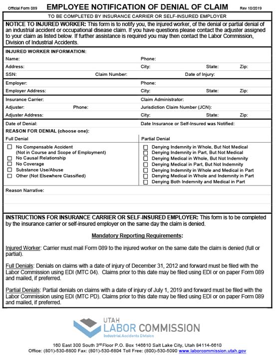 Form 089 - Employee Notification of Denial or Partial Denial of Claim