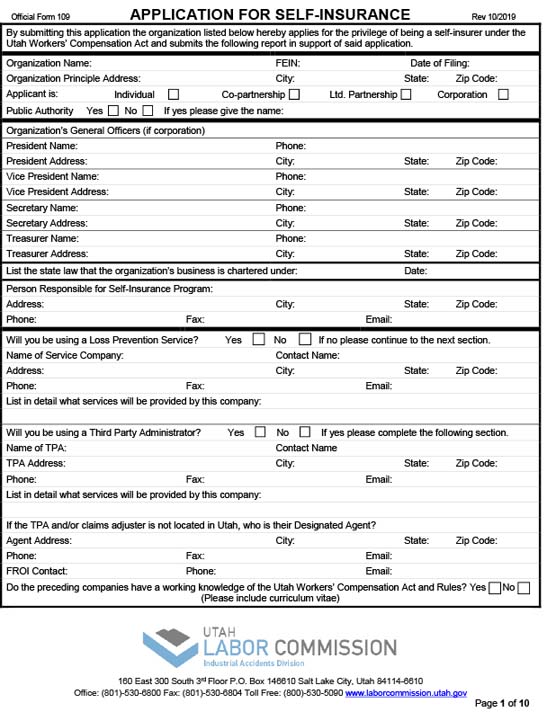 Form 109 - Application for Self Insurance