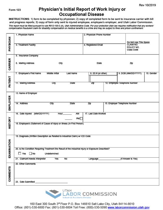 Form 123 - Physician's Initial Report of Work Injury or Occupational Disease