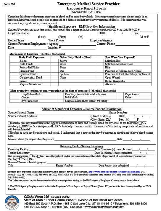 Form 350 - Emergency Medical Service Provider Exposure Report Form