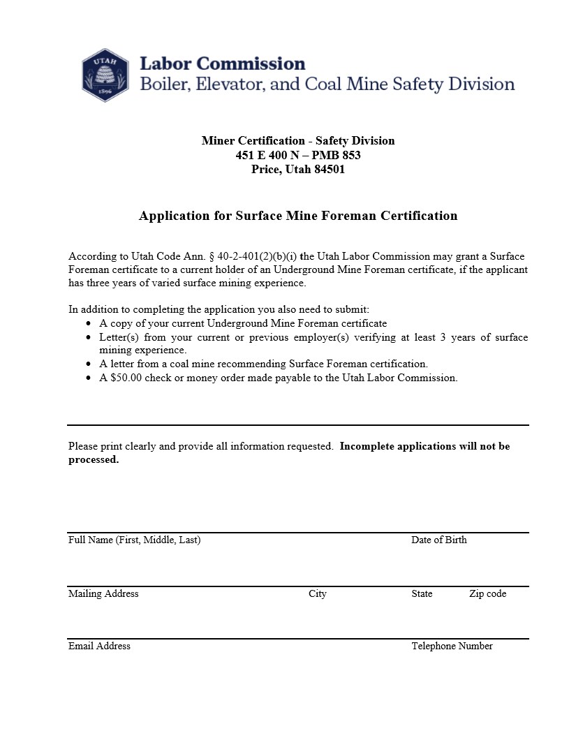 Application for Surface Mine Foreman Certification Thumbnail