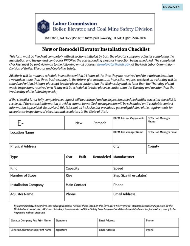 Request for New Elevator Inspection and Checklist