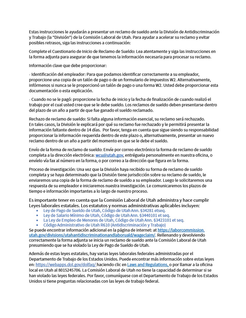Wage Claim Intake Questionnaire (Spanish)
